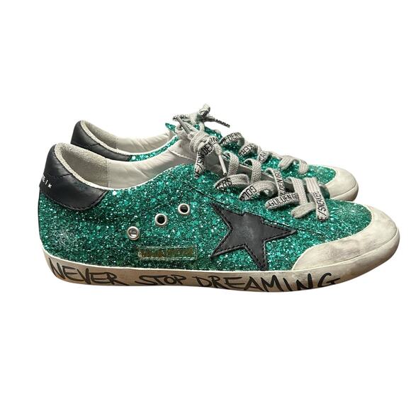Golden Goose Green Glitter Black Star Low Top Lace Up Sneakers Womens 39 / 9 - Picture 1 of 10
